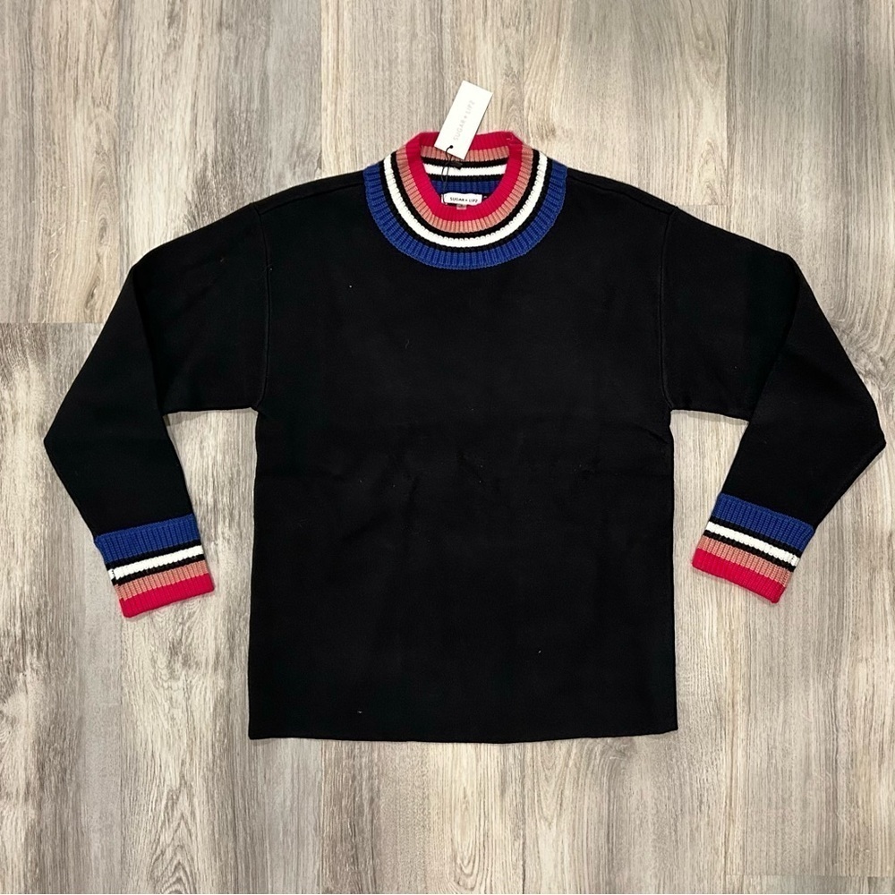 NWT Sugarlips Black Mock Neck Long Sleeve Sweater Color Stripe Accent Top Size S